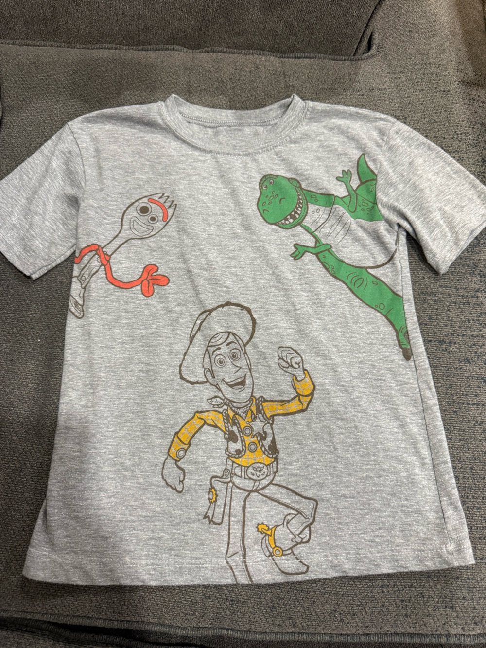 Disney Gray Toy Story Character Tee with Green, Yellow & Orange Accents